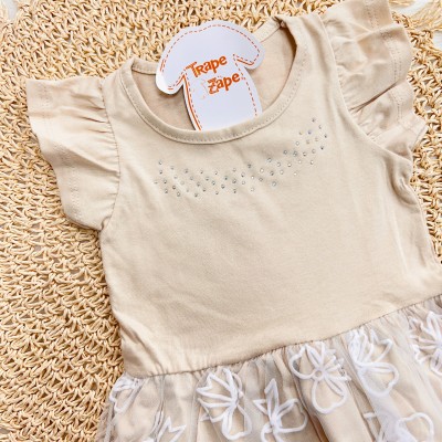 Vestido com Strass e Tule de Laços - Areia